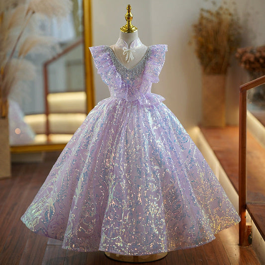 Lavender Puffy Sequin Flower Girl Dress, V-Neck Maxi Princess Gown