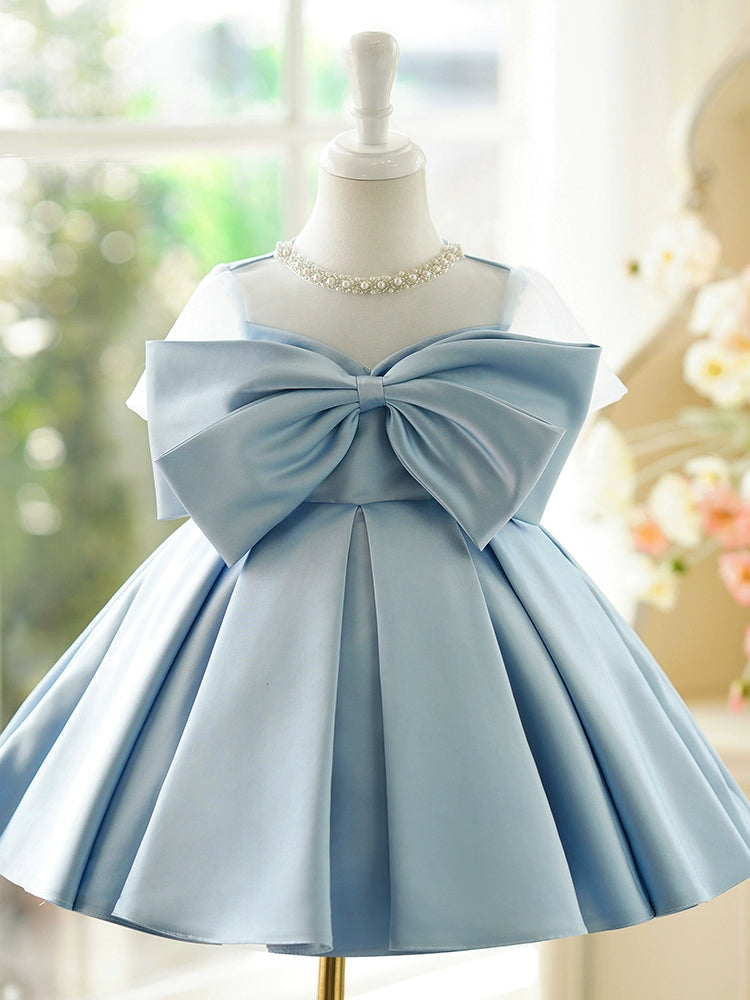 Light Blue A-Line Illusion Neck Satin Party Dress with Bow and Sequins - Light Blue / 5-6 Years (130cm) - Fleur Kids Light Blue A-Line Illusion Neck Satin Party Dress with Bow and Sequins - Light Blue / 5-6 Years (130cm) - Fleur Kids