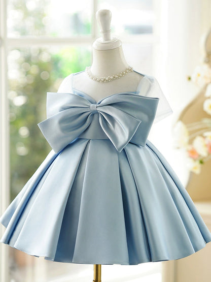 Light Blue Satin A-Line Flower Girl Dress with Bow & Sequins | Kids Party Dress