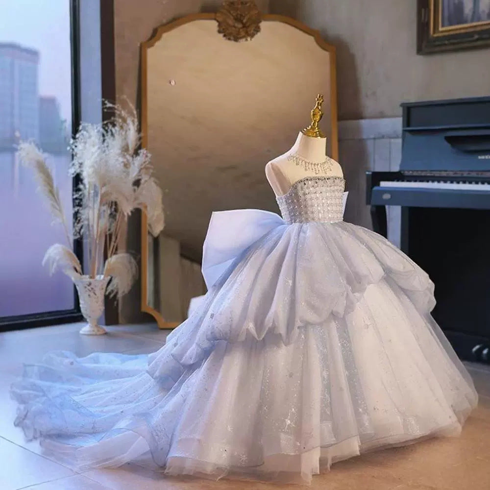 Light Blue A-Line Maxi Flower Girl Dress with Sequins and Beaded Illusion Neckline - Light Blue / 2-3 Years (100cm) - Fleur Kids Light Blue A-Line Maxi Flower Girl Dress with Sequins and Beaded Illusion Neckline - Light Blue / 2-3 Years (100cm) - Fleur Kids