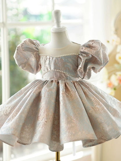 Light Blue Princess Ball Gown Satin Dress for Girls – Puff Sleeve Knee Length for Parties & Weddings