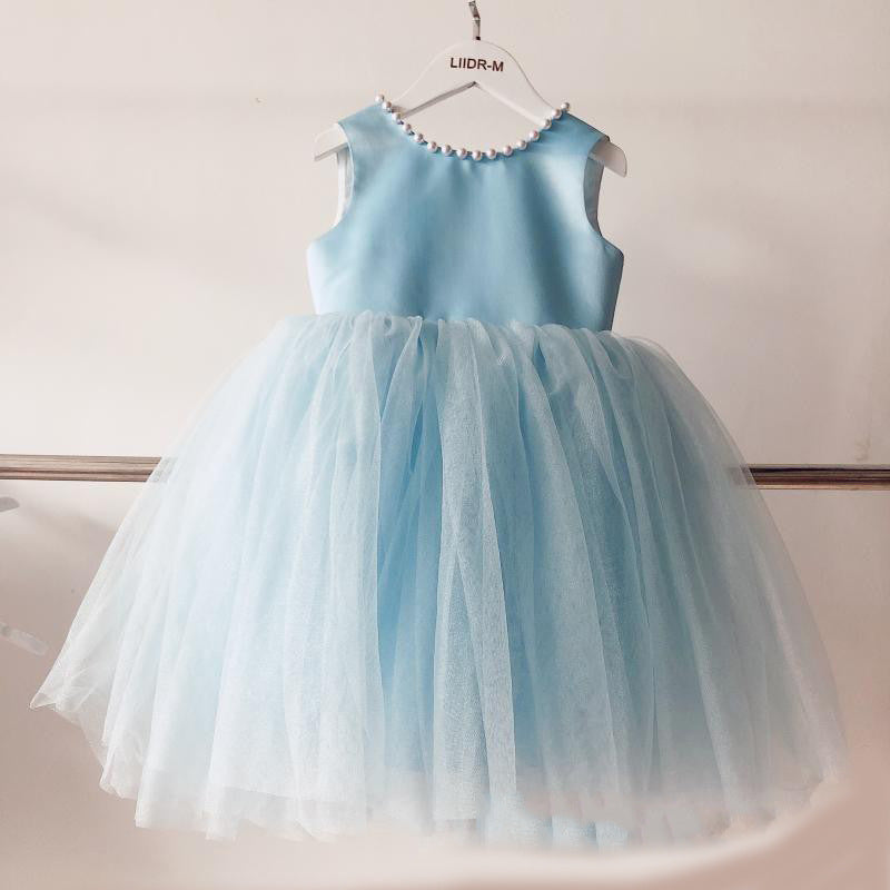 A-Line Light Blue Princess Dress for Girls – Bow & Sequins Party Wear