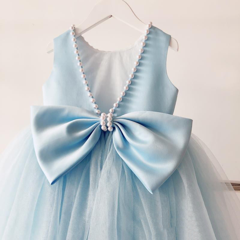 A-Line Light Blue Princess Dress for Girls – Bow & Sequins Party Wear