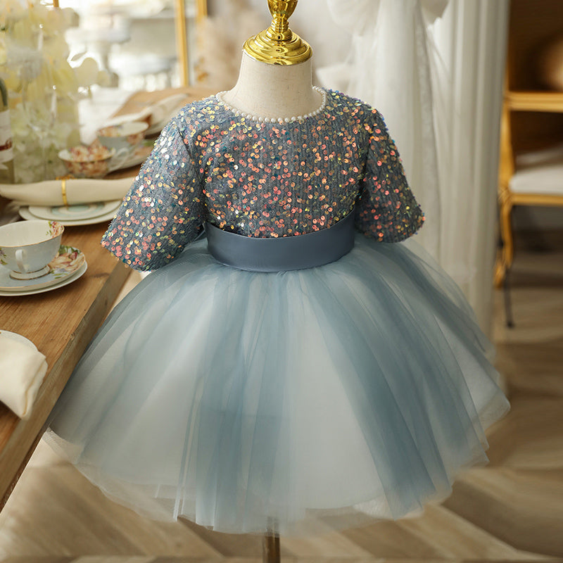 Light Blue Sequin Tulle Princess Dress for Girls – Puffy Flower Girl & Party Dress