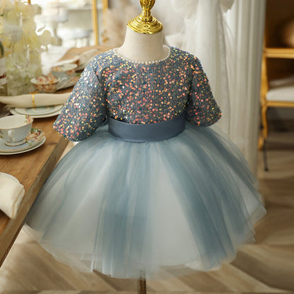 Light Blue Sequin Tulle Princess Dress for Girls – Puffy Flower Girl & Party Dress