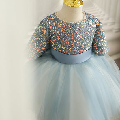Light Blue Sequin Tulle Princess Dress for Girls – Puffy Flower Girl & Party Dress