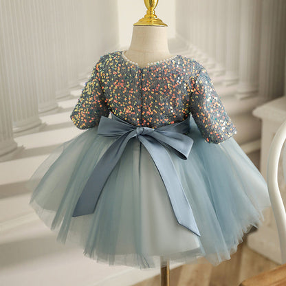 Light Blue Sequin Tulle Princess Dress for Girls – Puffy Flower Girl & Party Dress