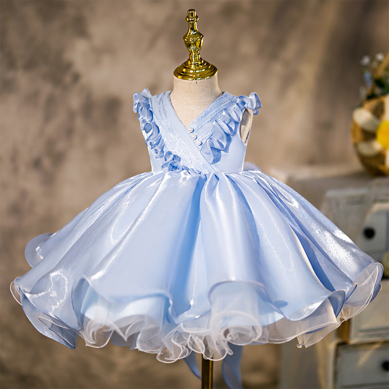 Light Blue Organza Ruffle Dress for Girls - Formal Princess Party Gown