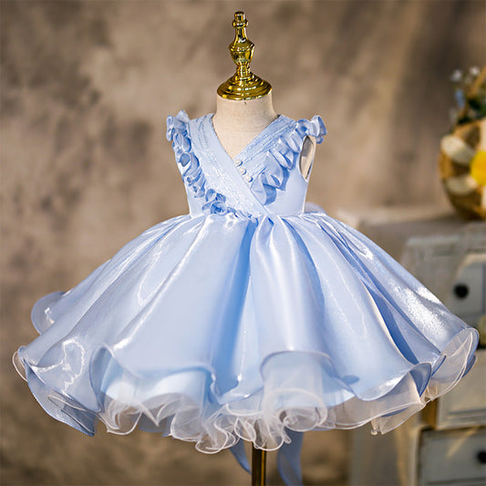 Light Blue Organza Ruffle Dress for Girls - Formal Princess Party Gown