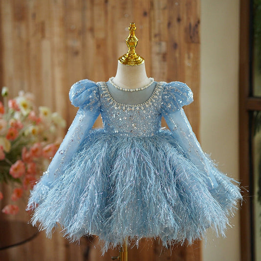Light Blue Princess Ball Gown Dress for Girls – Sequin & Bead Embellished Party Dress