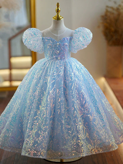 Light Blue Sequined Princess Ball Gown for Girls | Fairy Flower Girl Dress