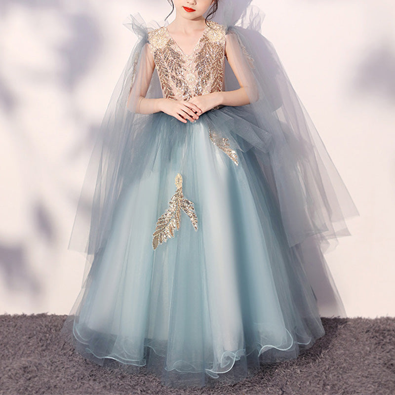 Light Blue Sequin Maxi Princess Dress for Girls | Tiered Formal Gown Ages 2-12