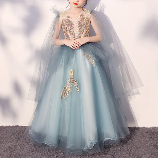 Light Blue Sequin Maxi Princess Dress for Girls | Tiered Formal Gown Ages 2-12