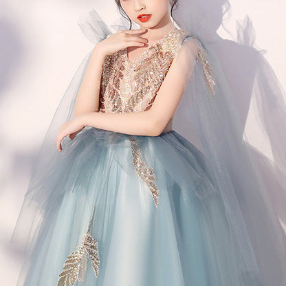 Light Blue Sequin Maxi Princess Dress for Girls | Tiered Formal Gown Ages 2-12