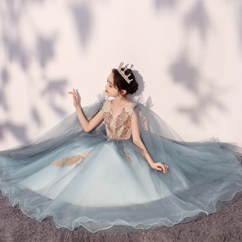 Light Blue Sequin Maxi Princess Dress for Girls | Tiered Formal Gown Ages 2-12