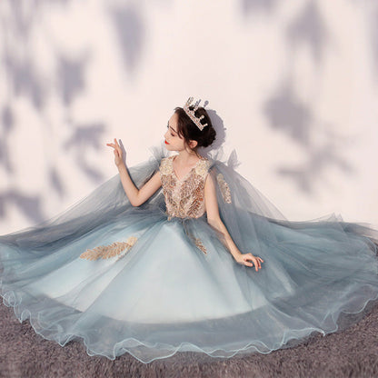 Light Blue Sequin Maxi Princess Dress for Girls | Tiered Formal Gown Ages 2-12