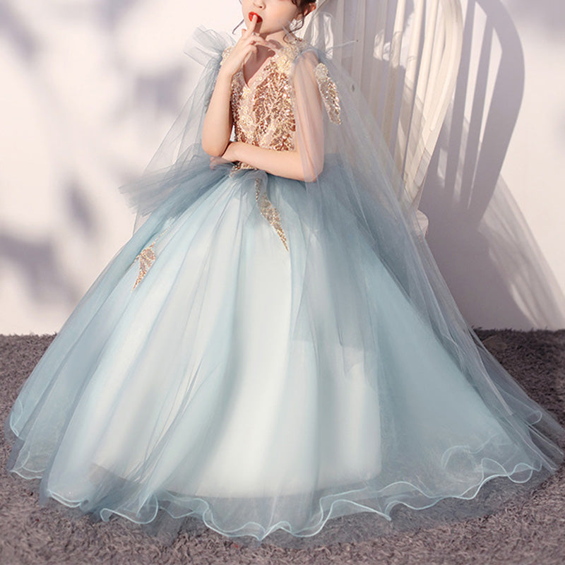 Light Blue Sequin Maxi Princess Dress for Girls | Tiered Formal Gown Ages 2-12