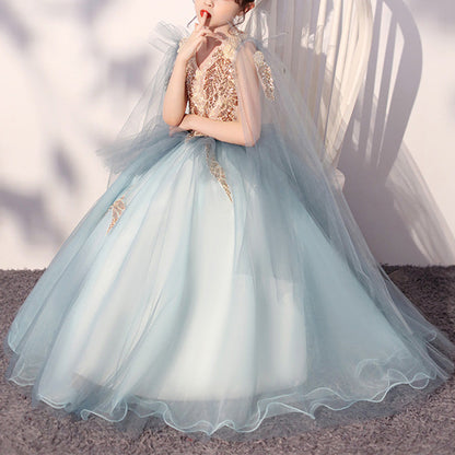 Light Blue Sequin Maxi Princess Dress for Girls | Tiered Formal Gown Ages 2-12