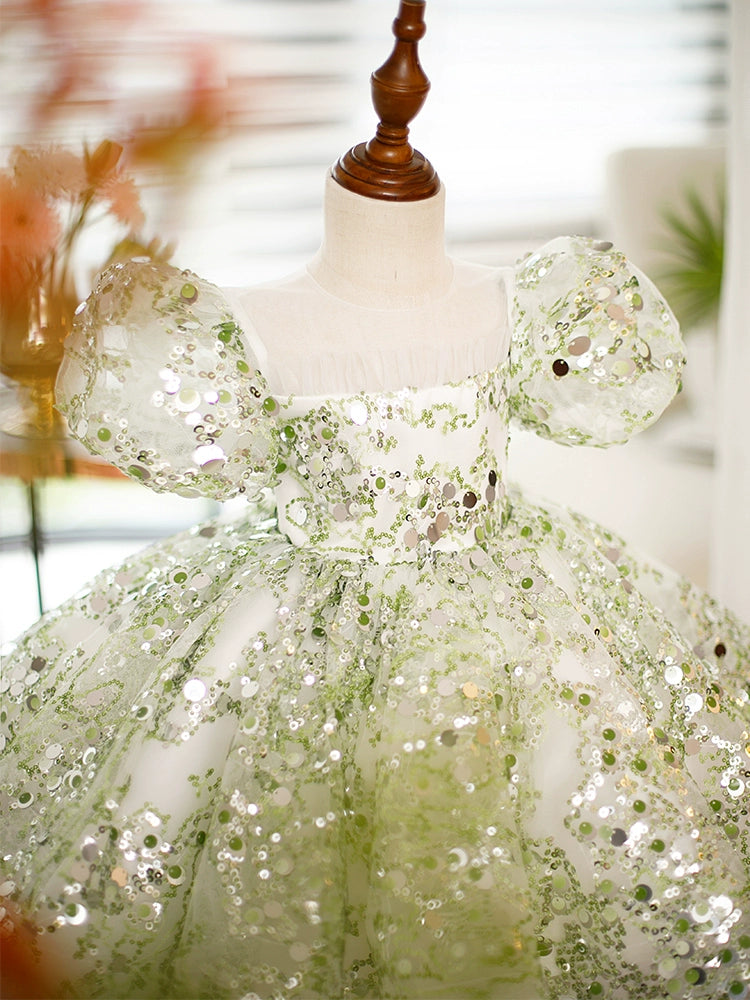 Light Green Sequin Flower Girl Dress with Ruffles Ball Gown Puffy Tea Length - Light Green / 3-4 Years (110cm) - Fleur Kids Light Green Sequin Flower Girl Dress with Ruffles Ball Gown Puffy Tea Length - Light Green / 3-4 Years (110cm) - Fleur Kids