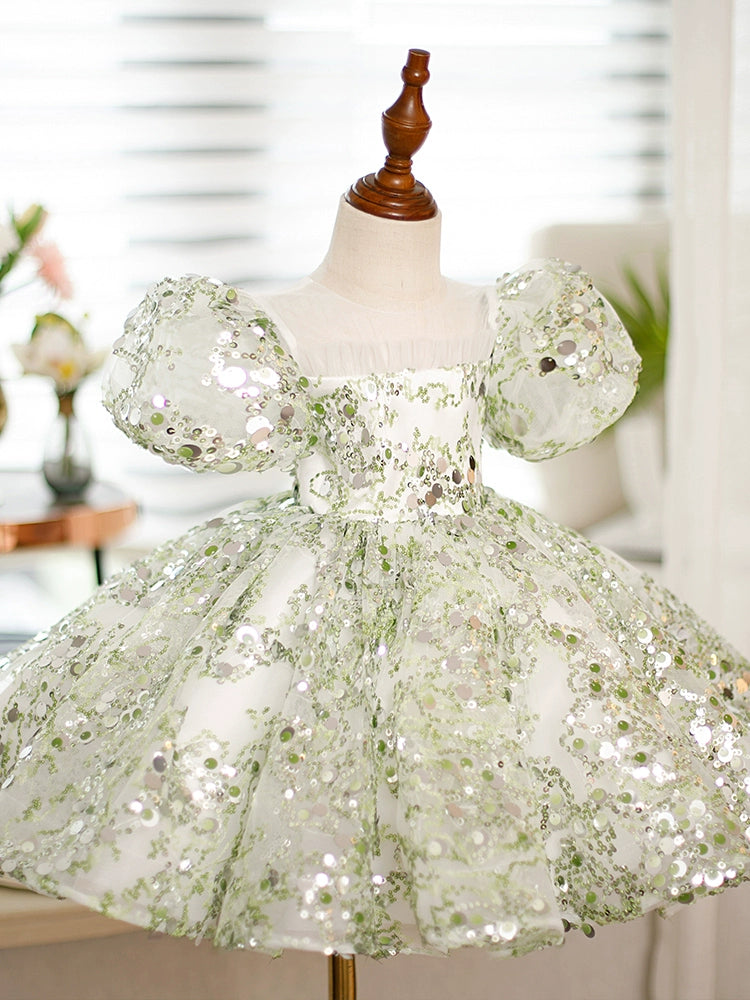 Light Green Sequin Flower Girl Dress with Ruffles Ball Gown Puffy Tea Length - Light Green / 3-4 Years (110cm) - Fleur Kids Light Green Sequin Flower Girl Dress with Ruffles Ball Gown Puffy Tea Length - Light Green / 3-4 Years (110cm) - Fleur Kids