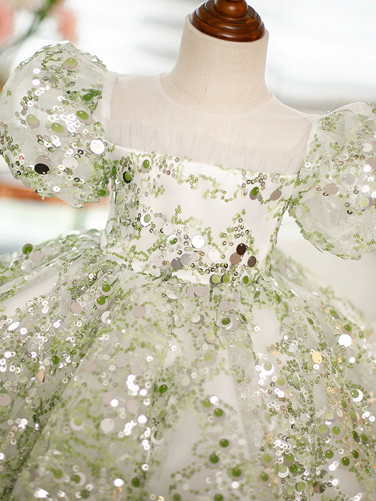 Light Green Sequin Flower Girl Dress with Ruffles Ball Gown Puffy Tea Length - Light Green / 3-4 Years (110cm) - Fleur Kids Light Green Sequin Flower Girl Dress with Ruffles Ball Gown Puffy Tea Length - Light Green / 3-4 Years (110cm) - Fleur Kids