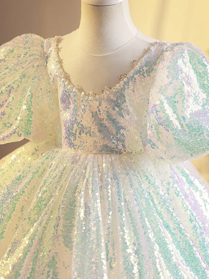 Light Green Puffy Princess Dress for Girls | Sequin Flower Girl Party Dress