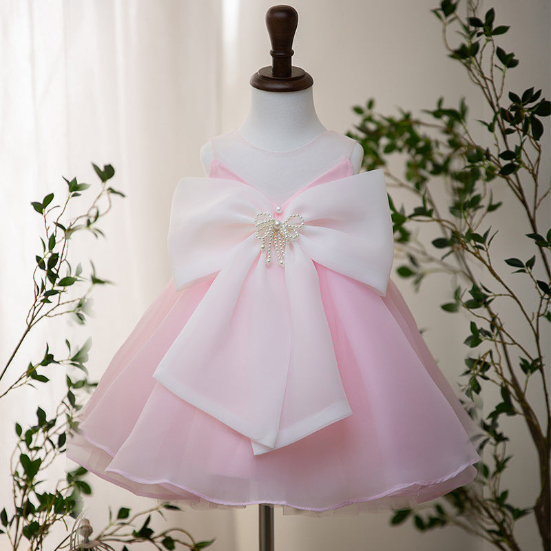 Light Pink Organza A-Line Princess Dress with Bow for Girls | Party & Wedding