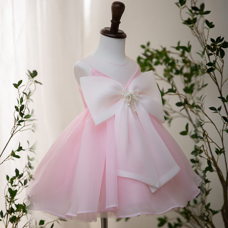 Light Pink Organza A-Line Princess Dress with Bow for Girls | Party & Wedding