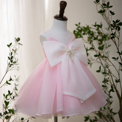 Light Pink Organza A-Line Princess Dress with Bow for Girls | Party & Wedding