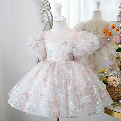Light Pink Princess Ball Gown Flower Girl Dress | Sequin & Bow Detail Kids Formal Dress