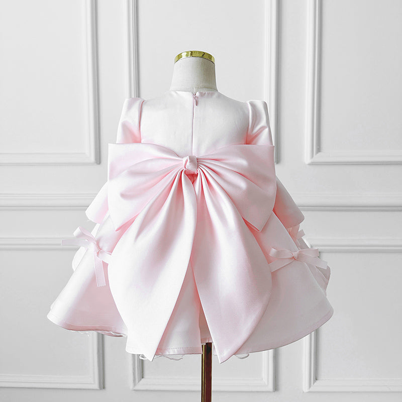 Light Pink A-Line Bow & Ruffle Flower Girl Dress for Kids – Tea Length Party Dress