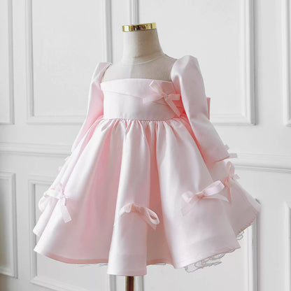 Light Pink A-Line Bow & Ruffle Flower Girl Dress for Kids – Tea Length Party Dress