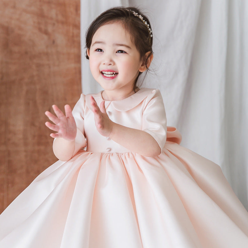 Light Pink Princess Party Dress for Girls – Long Sleeve Satin Knee Length – FleurKids
