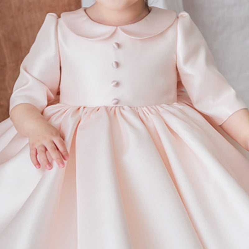 Light Pink Princess Party Dress for Girls – Long Sleeve Satin Knee Length