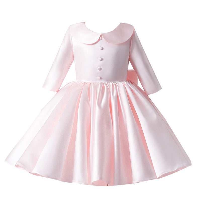 Light Pink Princess Party Dress for Girls – Long Sleeve Satin Knee Length