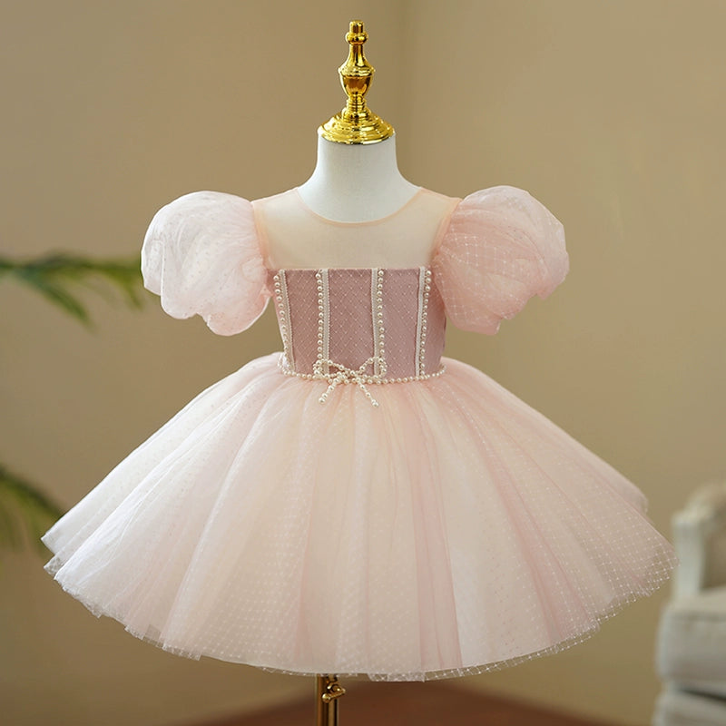 Light Pink Princess Ball Gown for Girls – Puffy Mesh Dress with Sequins & Beads