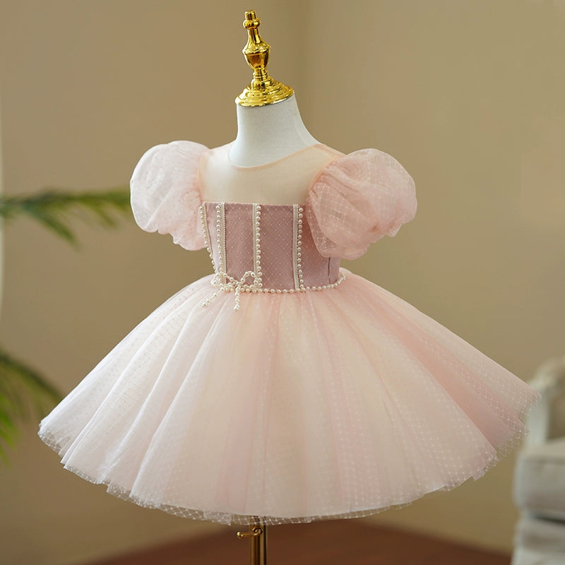 Light Pink Princess Ball Gown for Girls – Puffy Mesh Dress with Sequins & Beads