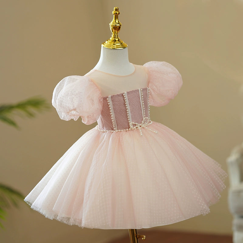Light Pink Princess Ball Gown for Girls – Puffy Mesh Dress with Sequins & Beads