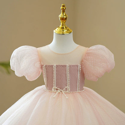Light Pink Princess Ball Gown for Girls – Puffy Mesh Dress with Sequins & Beads