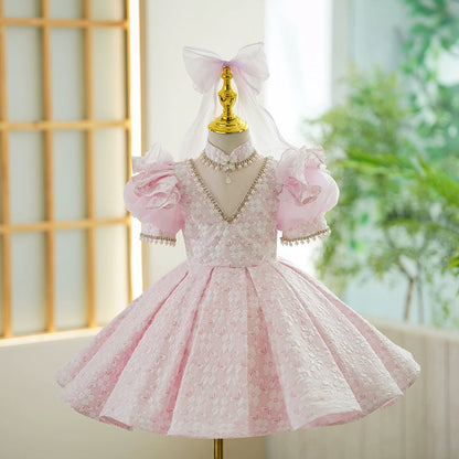 pink puffy dress Flowers Sleeves Tulle Long Party Dress, Ball Gown Pink Sweet 16 Gown or communion party Milla Women's Adorable Pink mini