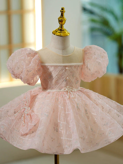 Light Pink Puffy Flower Girl Dress – Sequin & Bead Organza Princess Gown