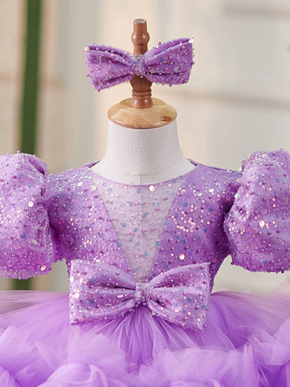 Lilac Princess Ball Gown Dress for Girls – Puffy Tulle & Sequins | Flower Girl & Party
