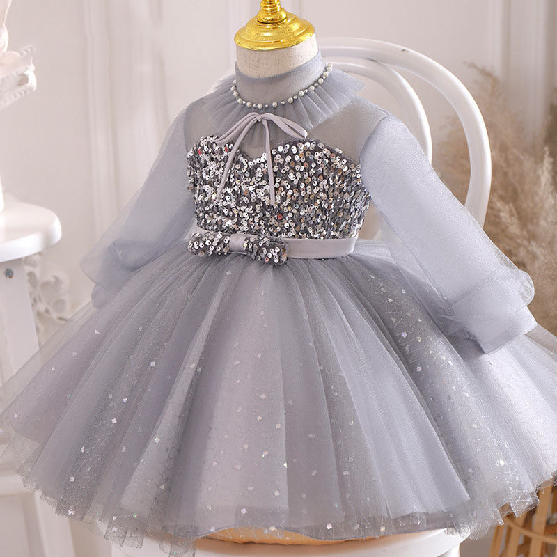 Long Sleeve Sequin Flower Girl Dress – Grey Mesh Birthday Party Gown for Girls