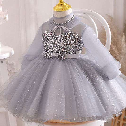 Long Sleeve Sequin Flower Girl Dress – Grey Mesh Birthday Party Gown for Girls