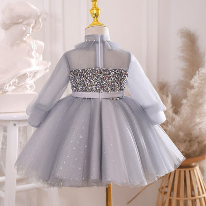 Long Sleeve Sequin Flower Girl Dress – Grey Mesh Birthday Party Gown for Girls