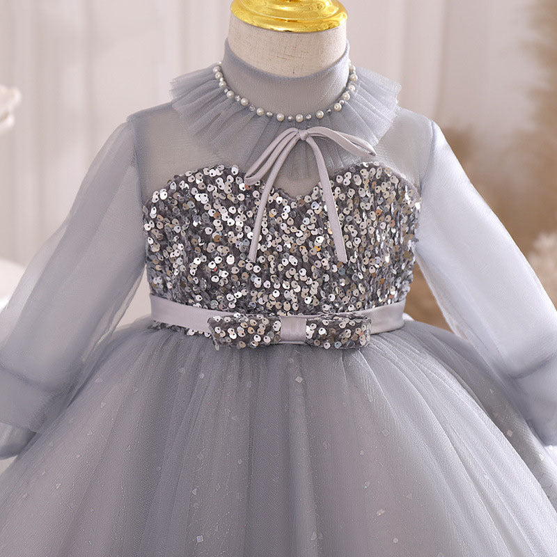 Long Sleeve Sequin Flower Girl Dress – Grey Mesh Birthday Party Gown for Girls