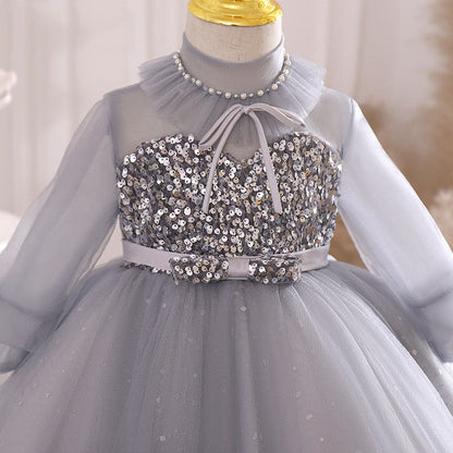 Long Sleeve Sequin Flower Girl Dress – Grey Mesh Birthday Party Gown for Girls