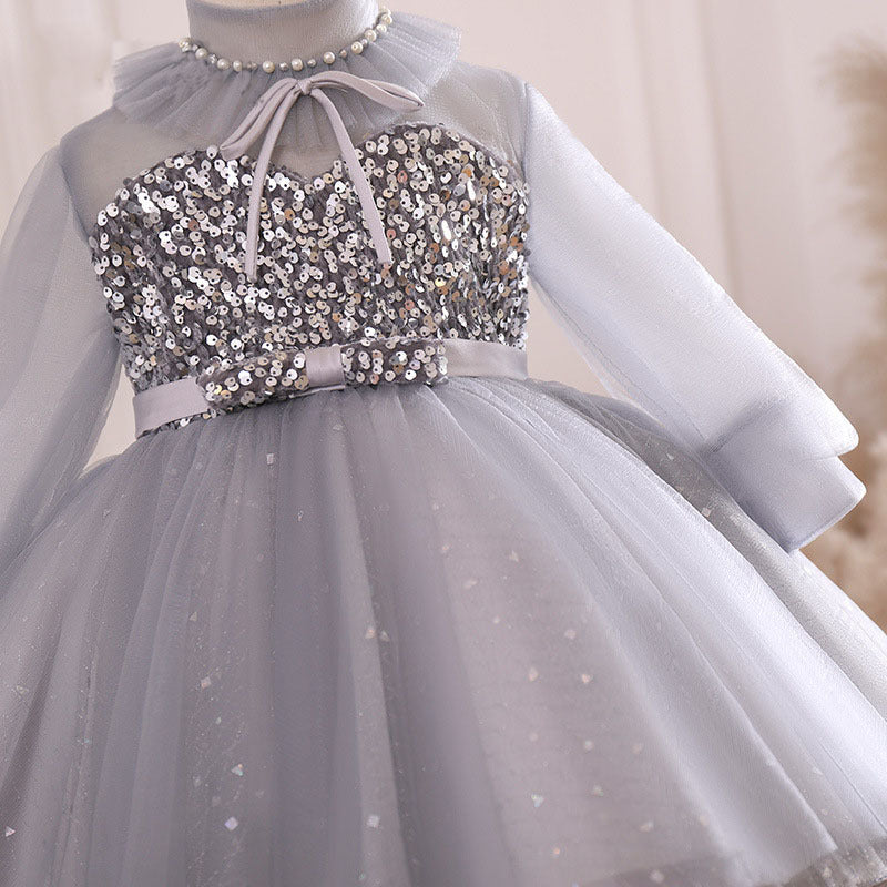 Long Sleeve Sequin Flower Girl Dress – Grey Mesh Birthday Party Gown for Girls