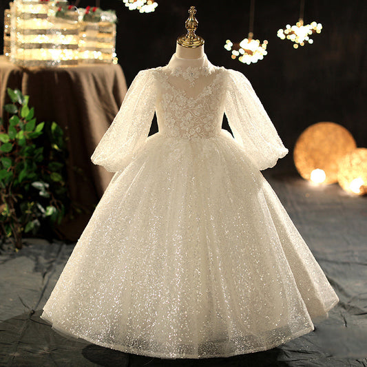 Long Sleeve A-line White Sequin Flower Girl Dress for Special Occasions