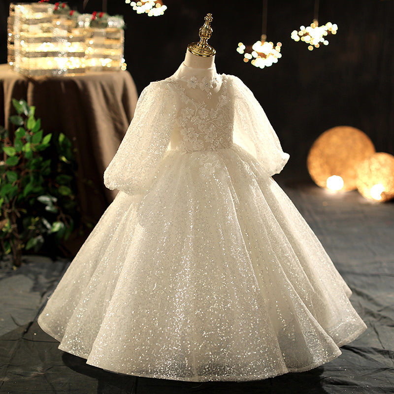 Long Sleeve A-line White Sequin Flower Girl Dress for Special Occasions